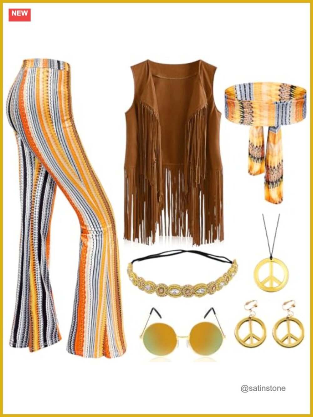 Womens 8Pc 60s 70s Hippie Costume Set Flared Pants Fringe Vest Fits Party